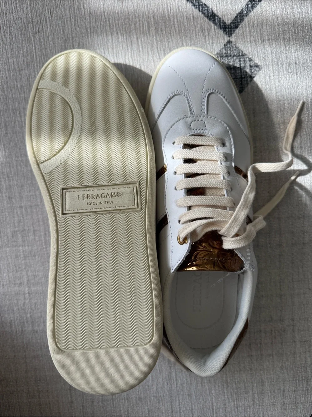 Salvatore Ferragamo Achille 2 White Gold Leather Sneakers Size 6 M NEW